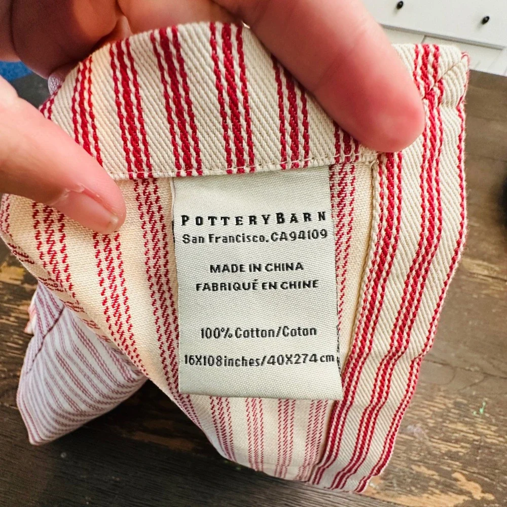 Pottery Barn Red Wheaton Striped Table Runner 108 inch Cotton Festive Holiday